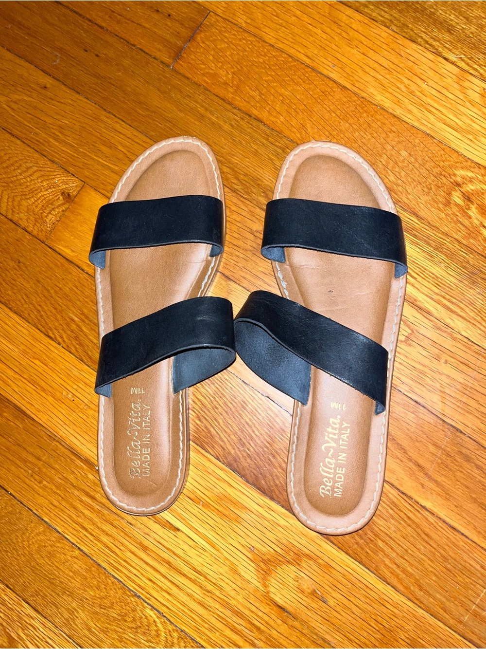 Bella Vita Black Double Band Slide Sandals with Tan Footbed